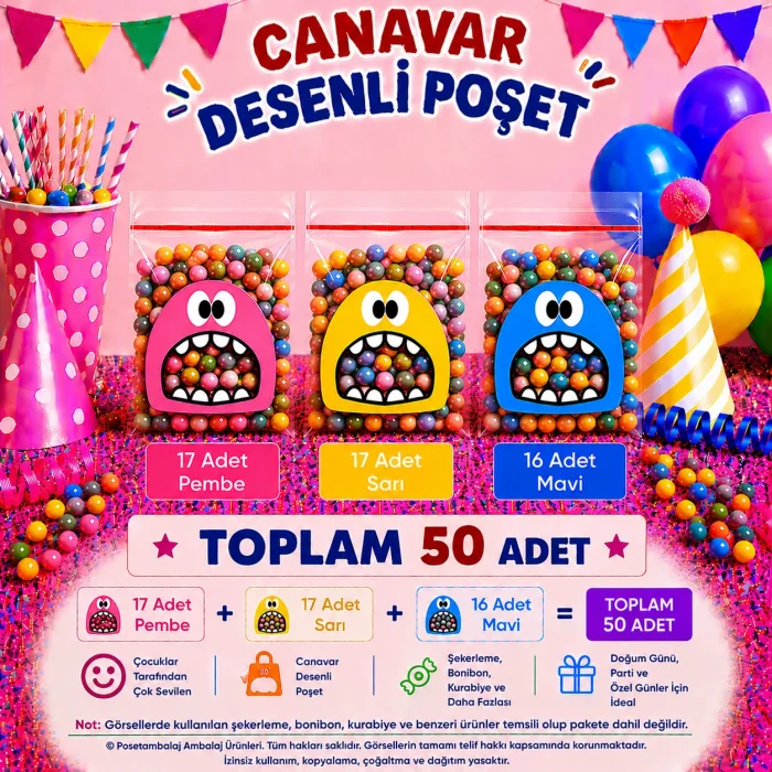 50 Adet Pembe-Sarı-Mavi Renkli Canavar Desenli Cake Pop & Kurabiye Poşeti-10x15 cm