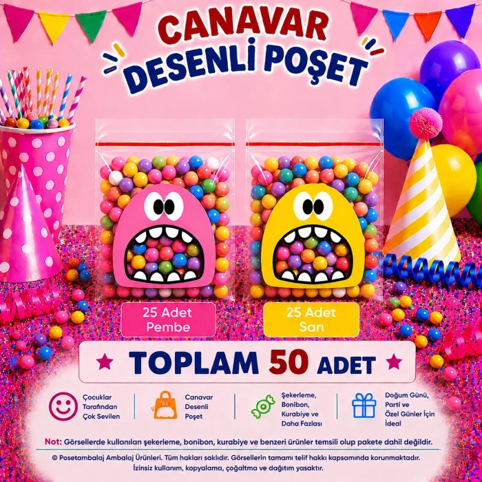 50 Adet Pembe-Sarı Renkli Canavar Desenli Cake Pop & Kurabiye Poşeti-10x15 cm