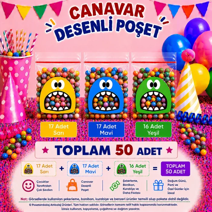 50 Adet Sarı-Mavi-Yeşil Renkli Canavar Desenli Cake Pop & Kurabiye Poşeti-10x15 cm