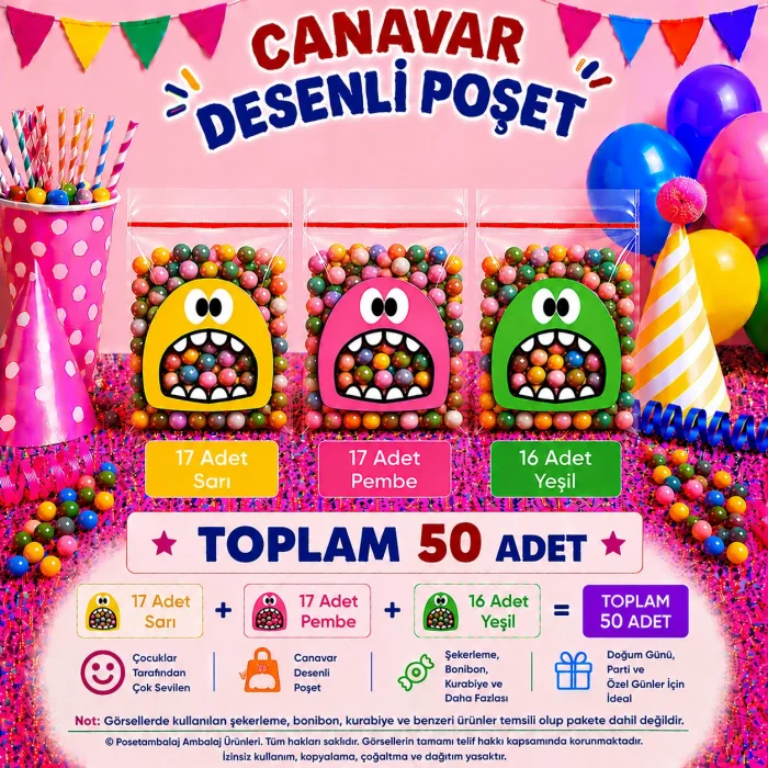 50 Adet Sarı-Pembe-Yeşil Renkli Canavar Desenli Cake Pop & Kurabiye Poşeti-10x15 cm