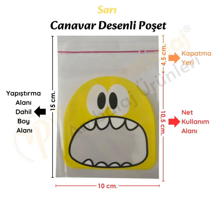 100 Adet Sarı-Pembe-Yeşil Renkli Canavar Desenli Cake Pop & Kurabiye Poşeti-10x15 cm