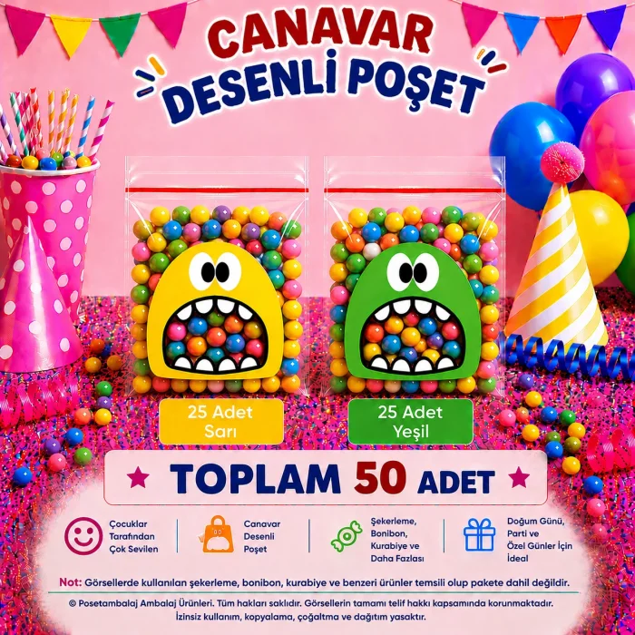 50 Adet Sarı-Yeşil Renkli Canavar Desenli Cake Pop & Kurabiye Poşeti-10x15 cm