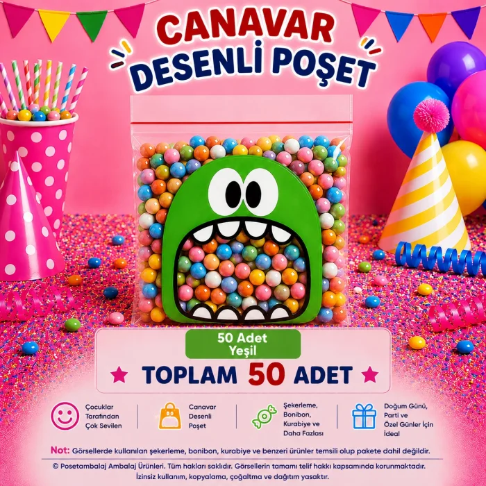 50 Adet Yeşil Canavar Desenli Cake Pop & Kurabiye Poşeti-10x15 cm