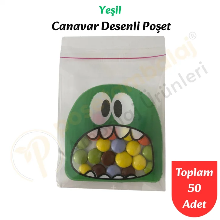 50 Adet Yeşil Canavar Desenli Cake Pop & Kurabiye Poşeti-10x15 cm