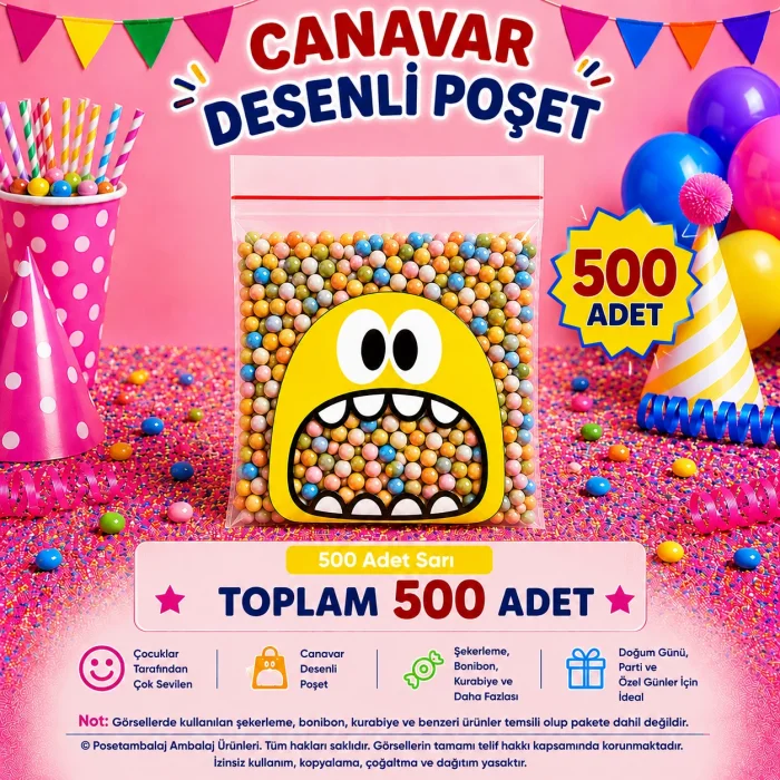 500 Adet Sarı Canavar Desenli Cake Pop & Kurabiye Poşeti-10x15 cm