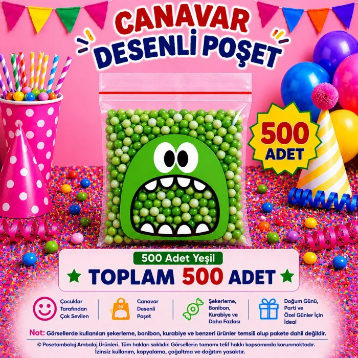 500 Adet Yeşil Canavar Desenli Cake Pop & Kurabiye Poşeti-10x15 cm