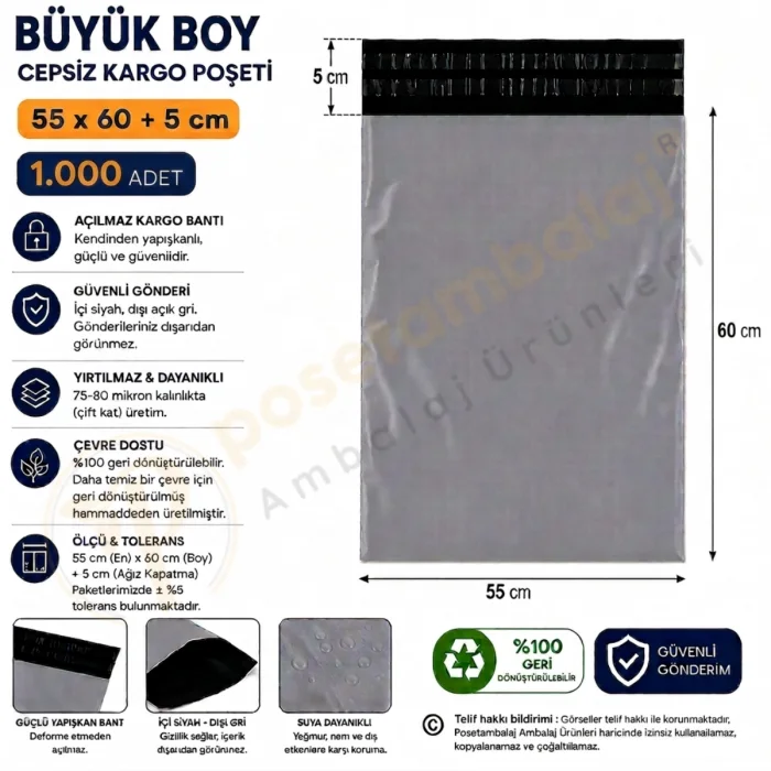 55x60+5 cm (55x65) Cepsiz Kargo Poşeti 1.000 Adet