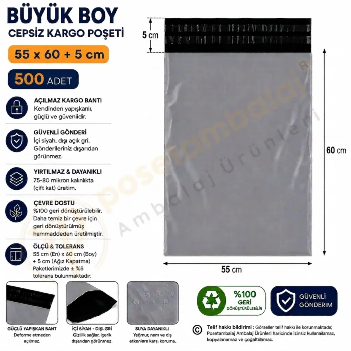 55x60+5 cm (55x65) Cepsiz Kargo Poşeti 500 Adet