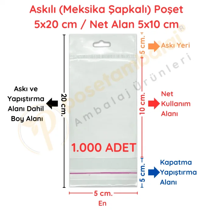 5x20 cm (Kapalı Hali 5x10 cm) 1.000 Adet OPP Askılı Meksika Şapkalı Poşet