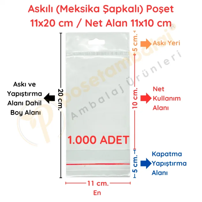 11x20 cm (Kapalı Hali 11x10 cm) 1.000 Adet OPP Askılı Meksika Şapkalı Poşet