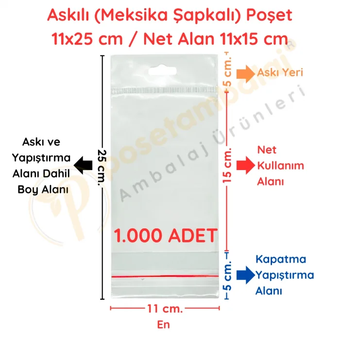 11x25 cm (Kapalı Hali 11x15 cm) 1.000 Adet OPP Askılı Meksika Şapkalı Poşet