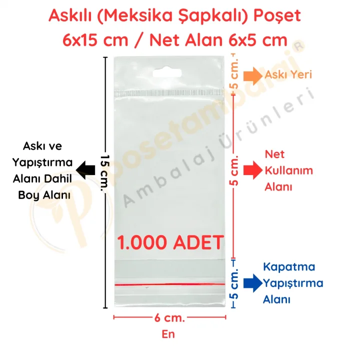 6x15 cm (Kapalı Hali 6x5 cm) 1.000 Adet OPP Askılı Meksika Şapkalı Poşet