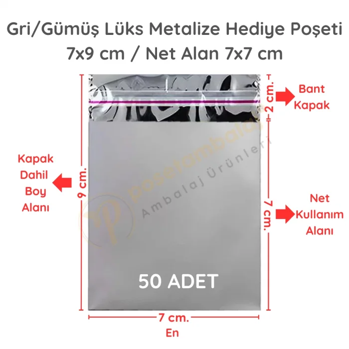 7x9 cm Gümüş Renk Bantlı Lüks Metalize Hediyelik Poşet (50 Adet)