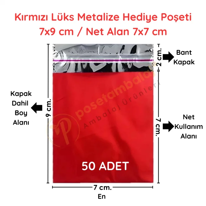 7x9 cm Kırmızı Renk Bantlı Lüks Metalize Hediyelik Poşet (50 Adet)