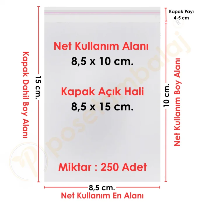 8,5x10+5 cm.(8,5x15) 250 Adet Şeffaf Bantlı Yapışkanlı OPP Poşet
