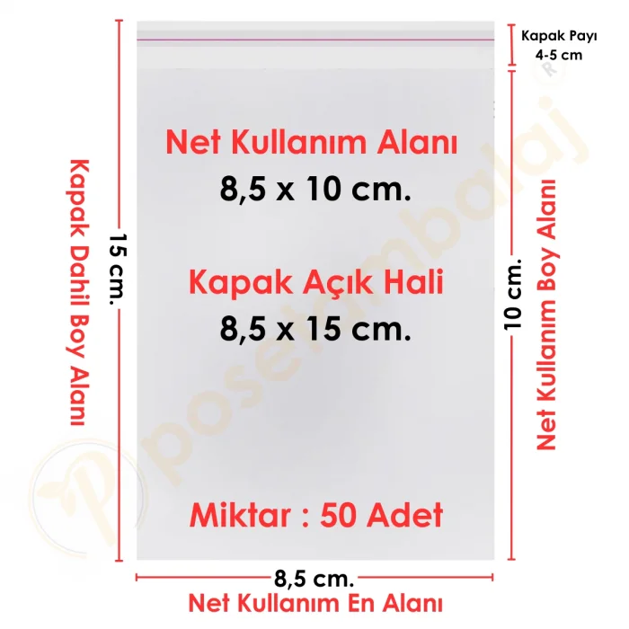 8,5x10+5 cm.(8,5x15) 50 Adet Şeffaf Bantlı Yapışkanlı OPP Poşet
