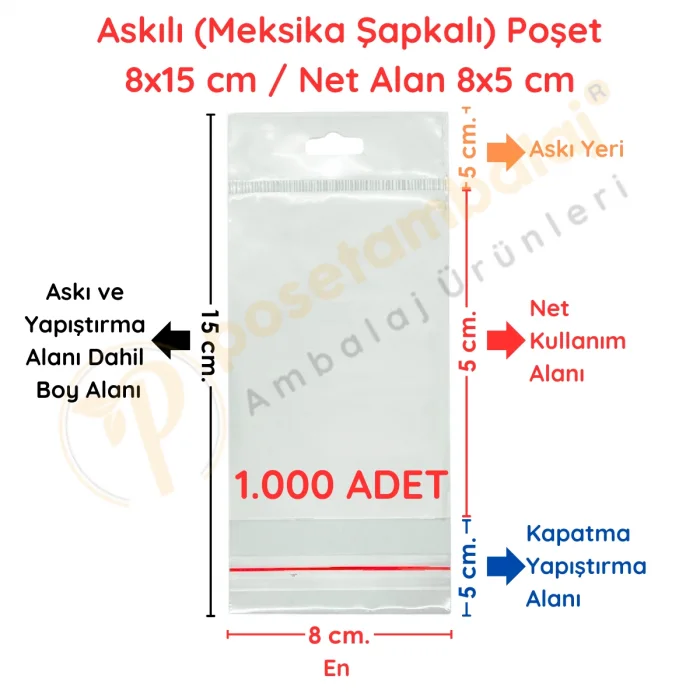 8x15 cm (Kapalı Hali 8x5 cm) 1.000 Adet OPP Askılı Meksika Şapkalı Poşet