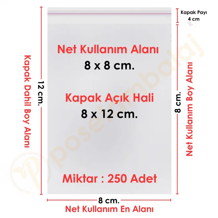 8x8+4 cm.(8x12) 250 Adet Şeffaf Bantlı Yapışkanlı OPP Poşet