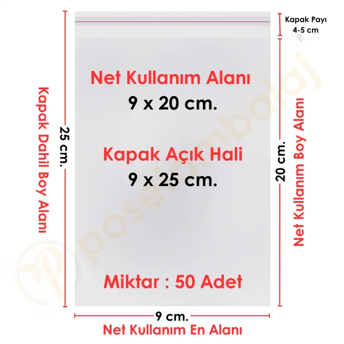 9x20+5 cm.(9x25) 50 Adet Şeffaf Bantlı Yapışkanlı OPP Poşet