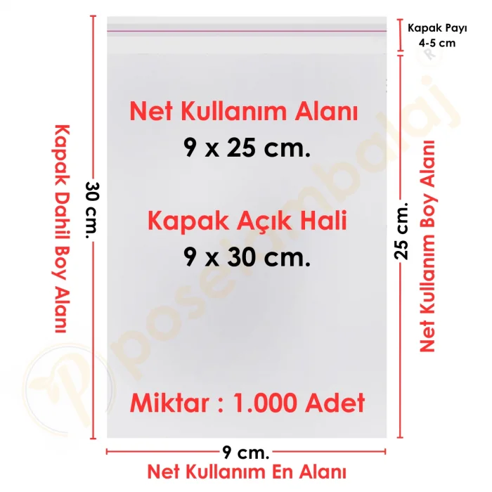 9x25+5 cm.(9x30) 1.000 Adet Şeffaf Bantlı Yapışkanlı OPP Poşet