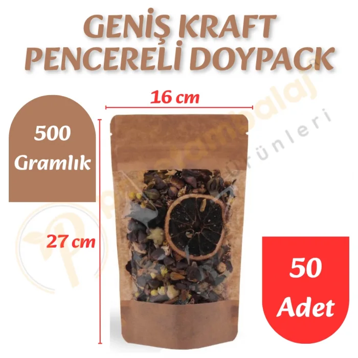 Geniş Kraft Pencereli Doypack 16x27x8 cm (50 Adet)
