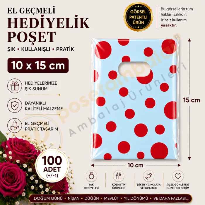 Kırmızı Puantiye Desenli Hediyelik Poşet 10x15 cm