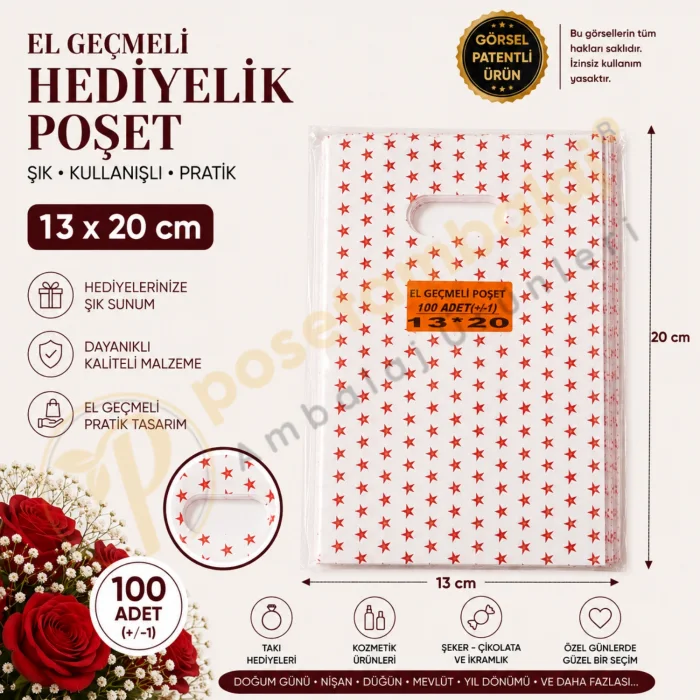 Kırmızı Yıldız Desenli Hediyelik Poşet 13x20 cm