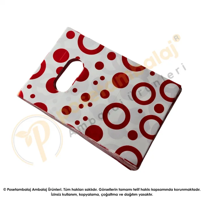 Kırmızı Yuvarlak Desenli Hediyelik Poşet 10x15 cm