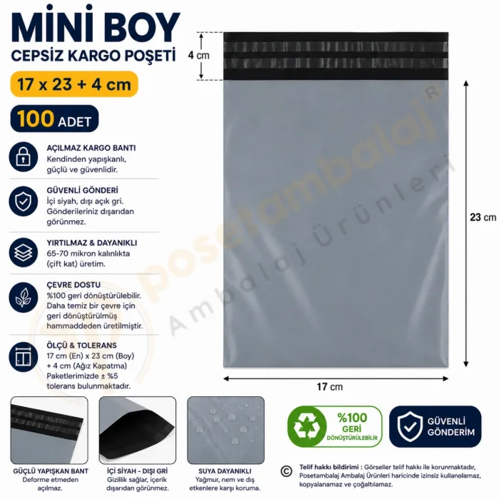 17x23+4 cm (17x27) Cepsiz Kargo Poşeti 100 Adet