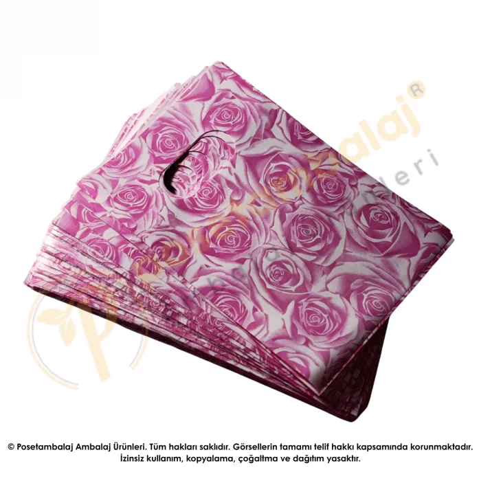 Pembe Gül Desenli Hediyelik Poşet 10x15 cm