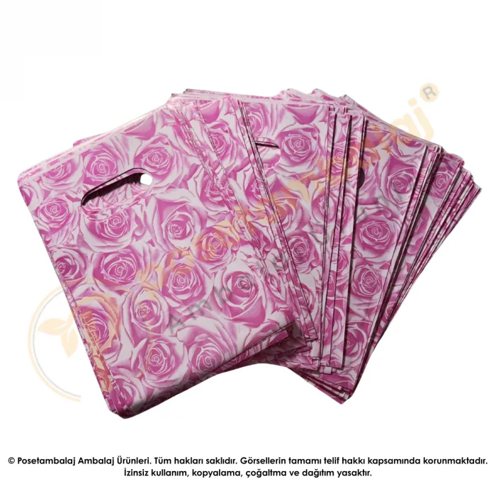 Pembe Gül Desenli Hediyelik Poşet 10x15 cm