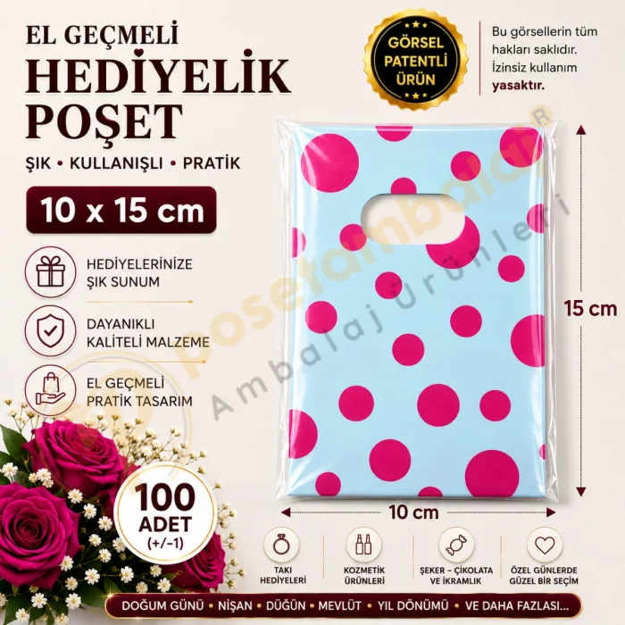 Pembe Puantiye Desenli Hediyelik Poşet 10x15 cm