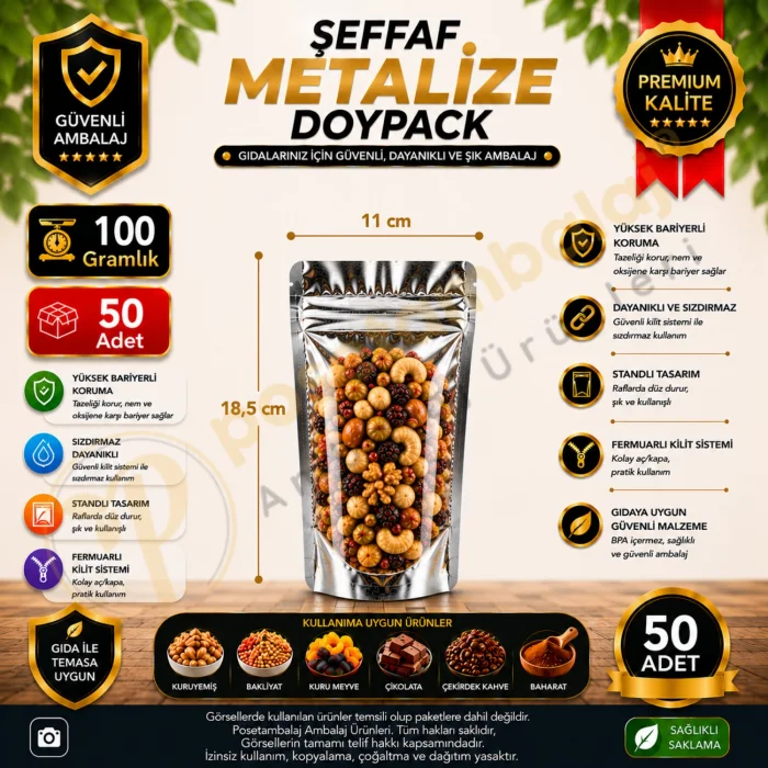 Şeffaf Metalize Doypack 11x18,5x7 cm (50 Adet)
