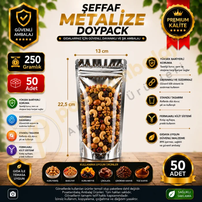 Şeffaf Metalize Doypack 13x22,5x7 cm (50 Adet)