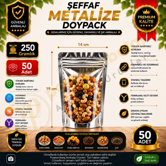 Şeffaf Metalize Doypack 14x19x7 cm (50 Adet)