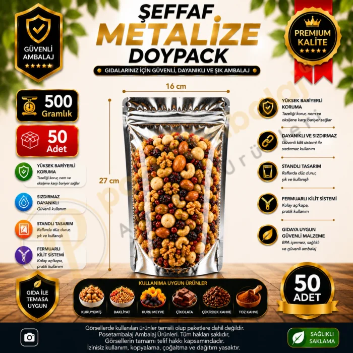 Şeffaf Metalize Doypack 16x27x8 cm (50 Adet)