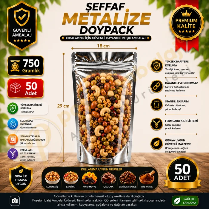 Şeffaf Metalize Doypack 18x29x10 cm (50 Adet)