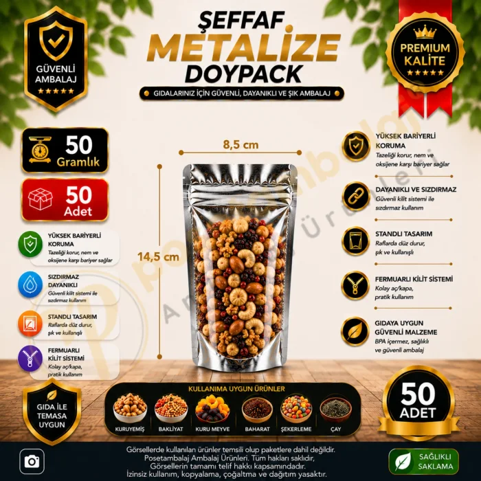 Şeffaf Metalize Doypack 8,5x14,5x5 cm (50 Adet)