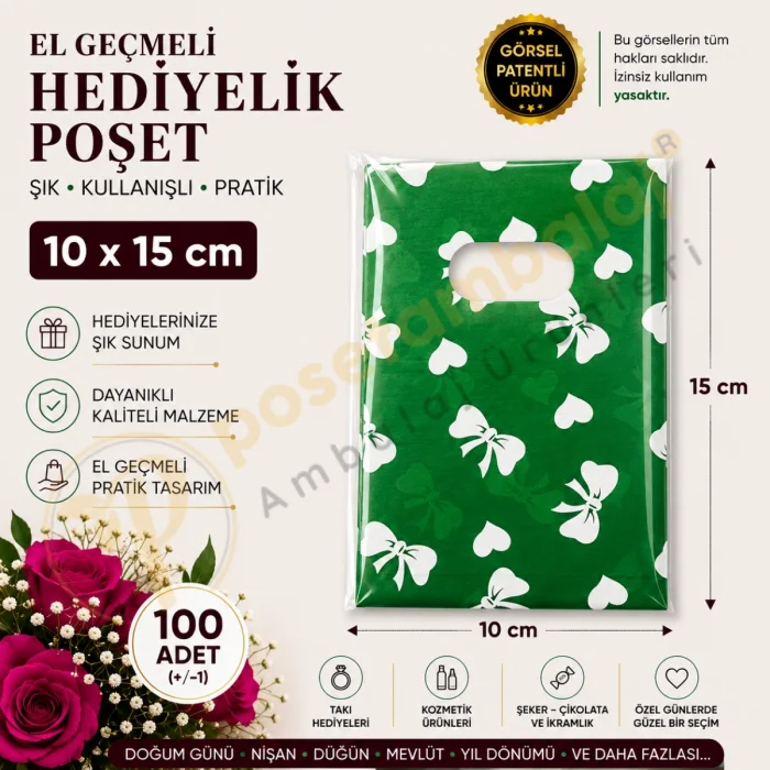 Yeşil Fiyonk & Kalp Desenli Hediyelik Poşet 10x15 cm
