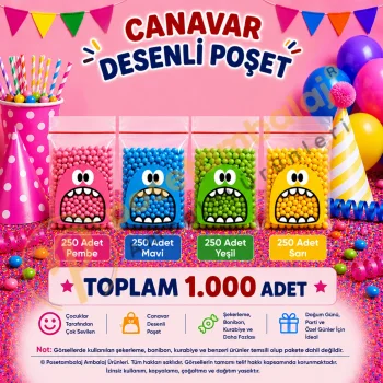 1.000 Adet 4 Renkli Canavar Desenli Cake Pop & Kurabiye Poşeti - 10x15 cm