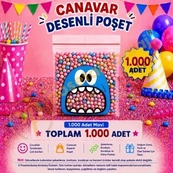 1.000 Adet Mavi Canavar Desenli Cake Pop & Kurabiye Poşeti-10x15 cm