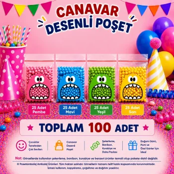 100 Adet 4 Renkli Canavar Desenli Cake Pop & Kurabiye Poşeti - 10x15 cm