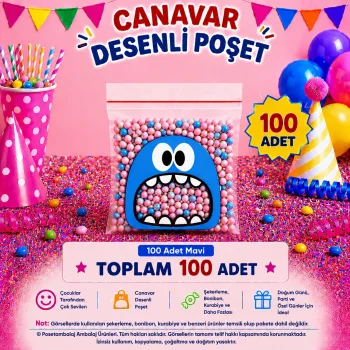 100 Adet Mavi Canavar Desenli Cake Pop & Kurabiye Poşeti-10x15 cm