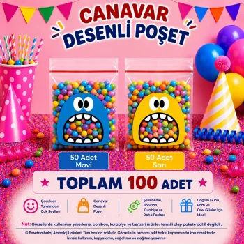 100 Adet Mavi-Sarı Renkli Canavar Desenli Cake Pop & Kurabiye Poşeti-10x15 cm