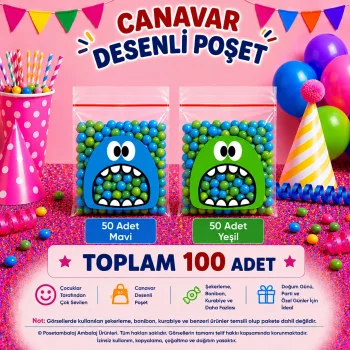 100 Adet Mavi-Yeşil Renkli Canavar Desenli Cake Pop & Kurabiye Poşeti-10x15 cm