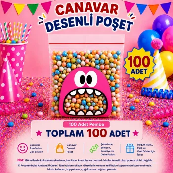 100 Adet Pembe Canavar Desenli Cake Pop & Kurabiye Poşeti-10x15 cm