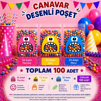 100 Adet Pembe-Sarı-Mavi Renkli Canavar Desenli Cake Pop & Kurabiye Poşeti-10x15 cm