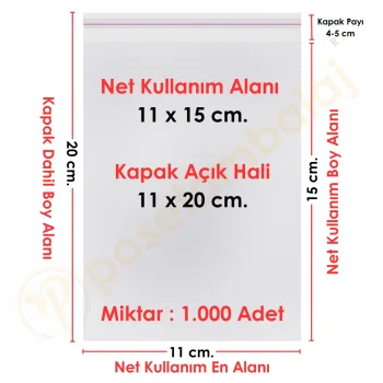 11x15+5 cm.(11x20) 1.000 Adet Şeffaf Bantlı Yapışkanlı OPP Poşet