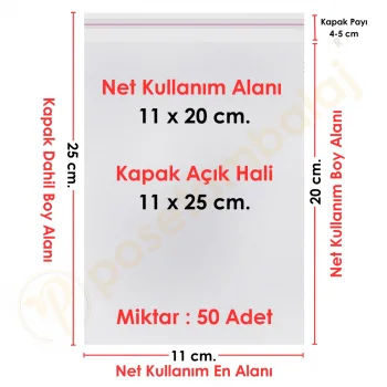 11x20+5 cm.(11x25) 50 Adet Şeffaf Bantlı Yapışkanlı OPP Poşet