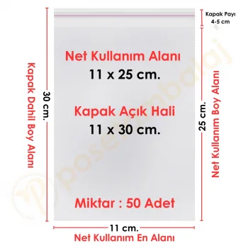 11x25+5 cm.(11x30) 50 Adet Şeffaf Bantlı Yapışkanlı OPP Poşet